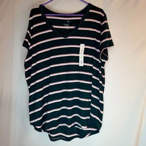 Size 1X SO Favorite V-Neck Striped Short Sleeve T-Shirt NWT Green Pink White